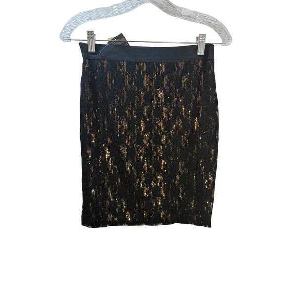 Sequin Lace Pencil Skirt Black & Gold Stretch Fabric Womens Size Large - Picture 4 of 6